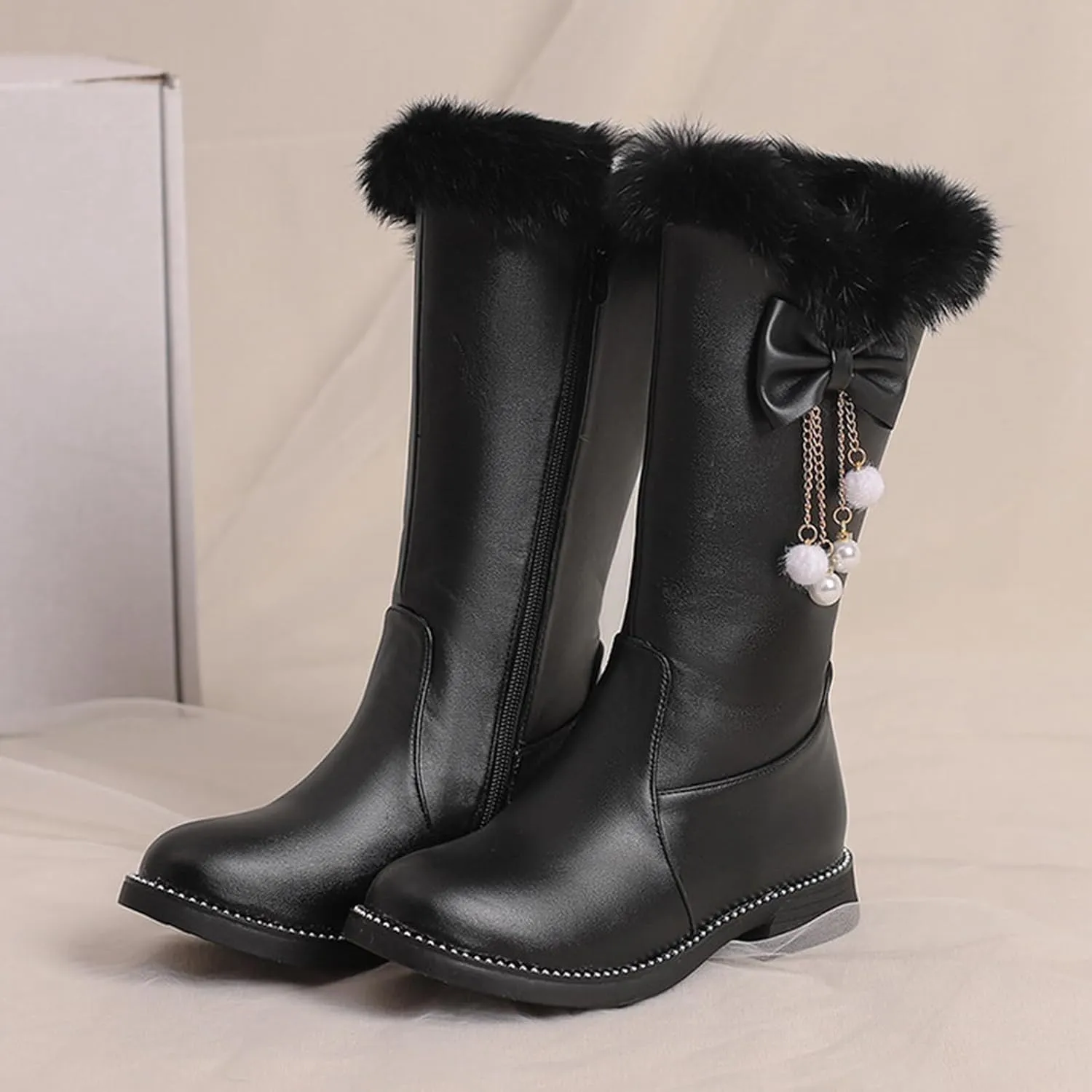 Women's Leather Fur Lined Mid Calf Boots with Bow Pearl Tassel Decor Fashion Winter Warm Round-Toe Side Zipper Flat Cute Casual Boots