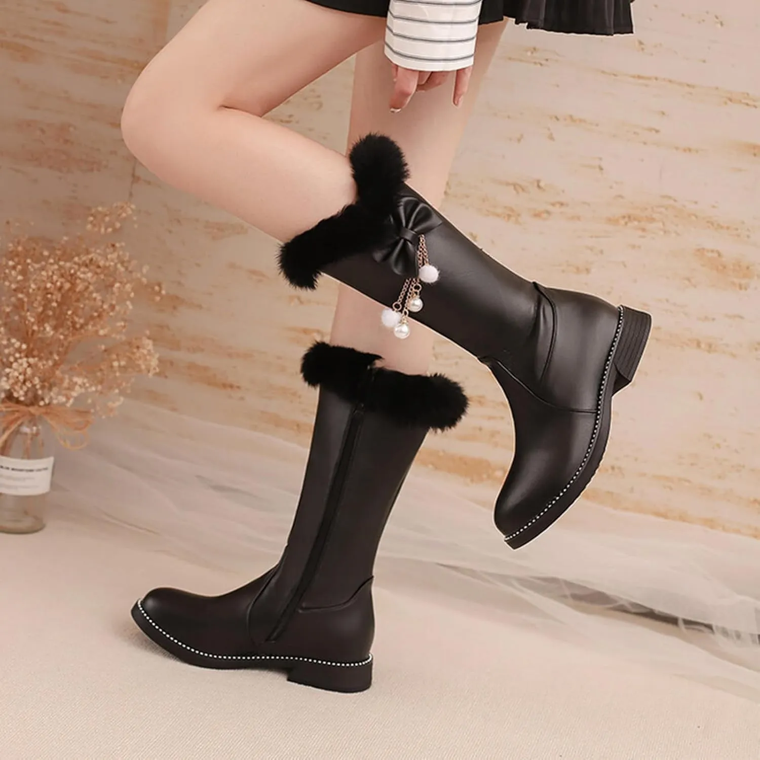 Women's Leather Fur Lined Mid Calf Boots with Bow Pearl Tassel Decor Fashion Winter Warm Round-Toe Side Zipper Flat Cute Casual Boots