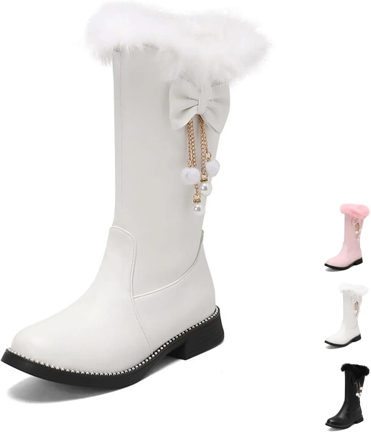Women's Leather Fur Lined Mid Calf Boots with Bow Pearl Tassel Decor Fashion Winter Warm Round-Toe Side Zipper Flat Cute Casual Boots