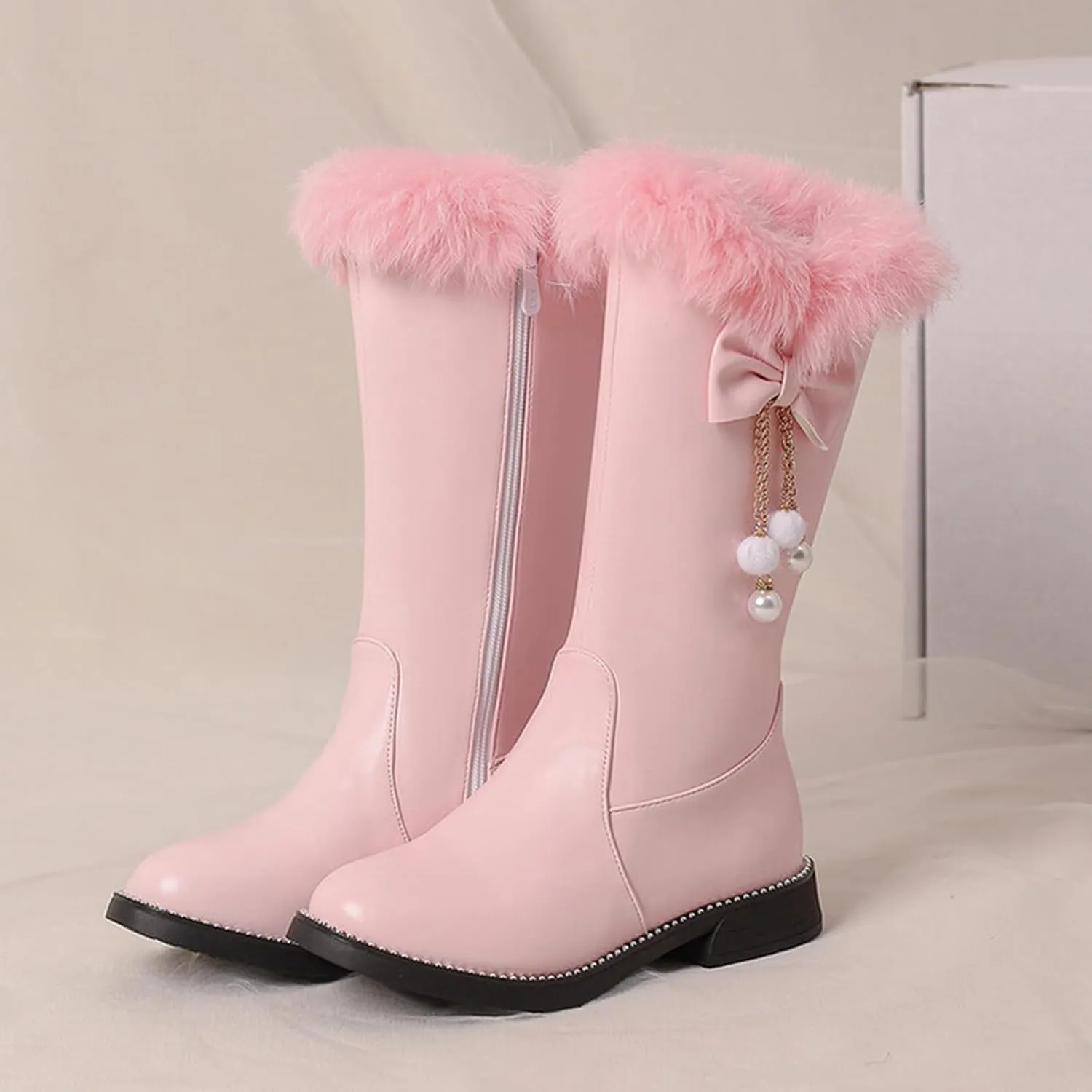 Women's Leather Fur Lined Mid Calf Boots with Bow Pearl Tassel Decor Fashion Winter Warm Round-Toe Side Zipper Flat Cute Casual Boots