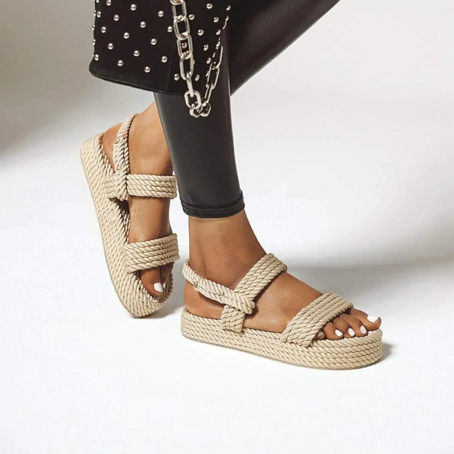 Women's Low Heeled Flat Shoes, Canvas Sandals, Open Toed Ankle Strap, Platform Sandals