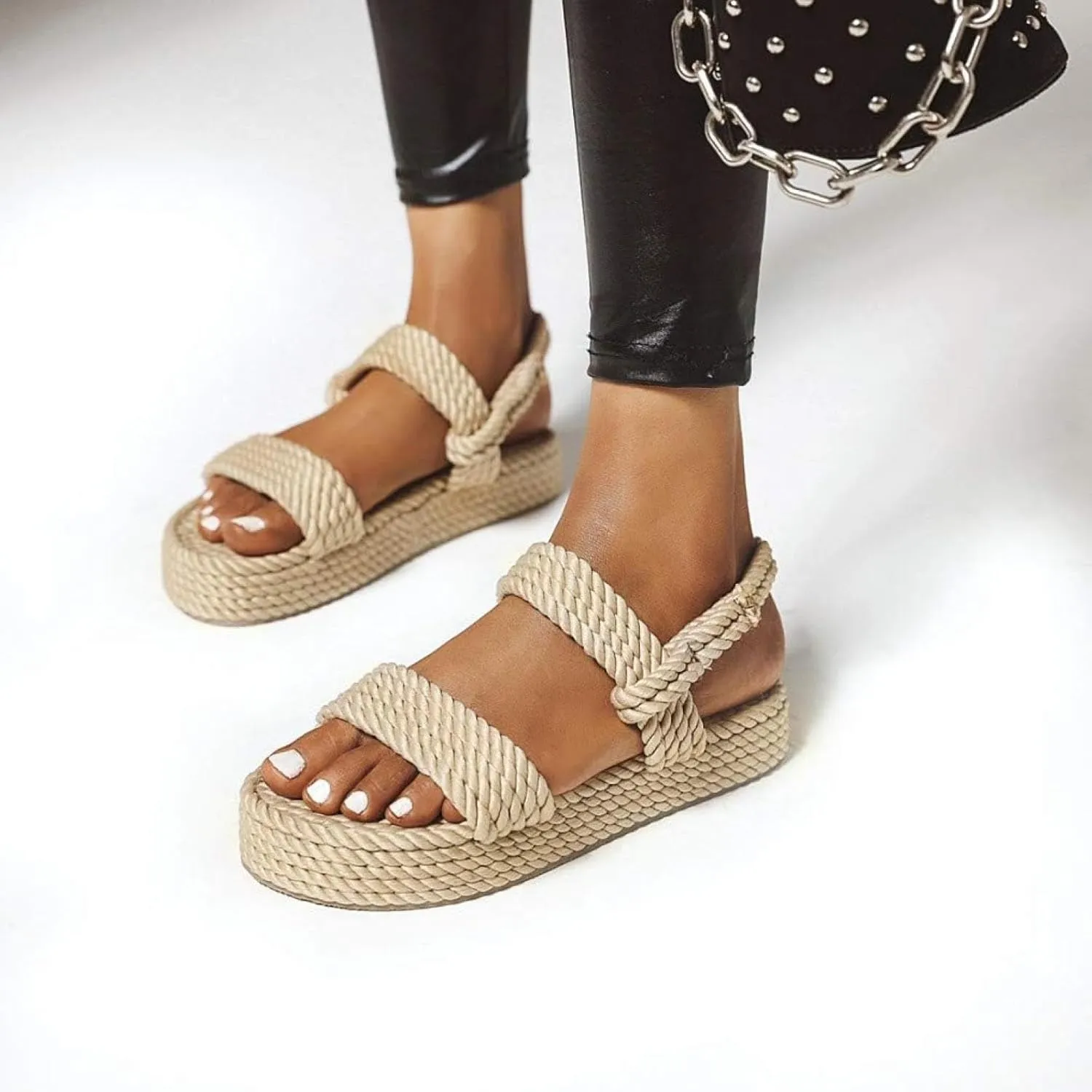 Women's Low Heeled Flat Shoes, Canvas Sandals, Open Toed Ankle Strap, Platform Sandals
