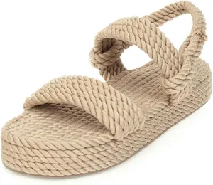 Women's Low Heeled Flat Shoes, Canvas Sandals, Open Toed Ankle Strap, Platform Sandals