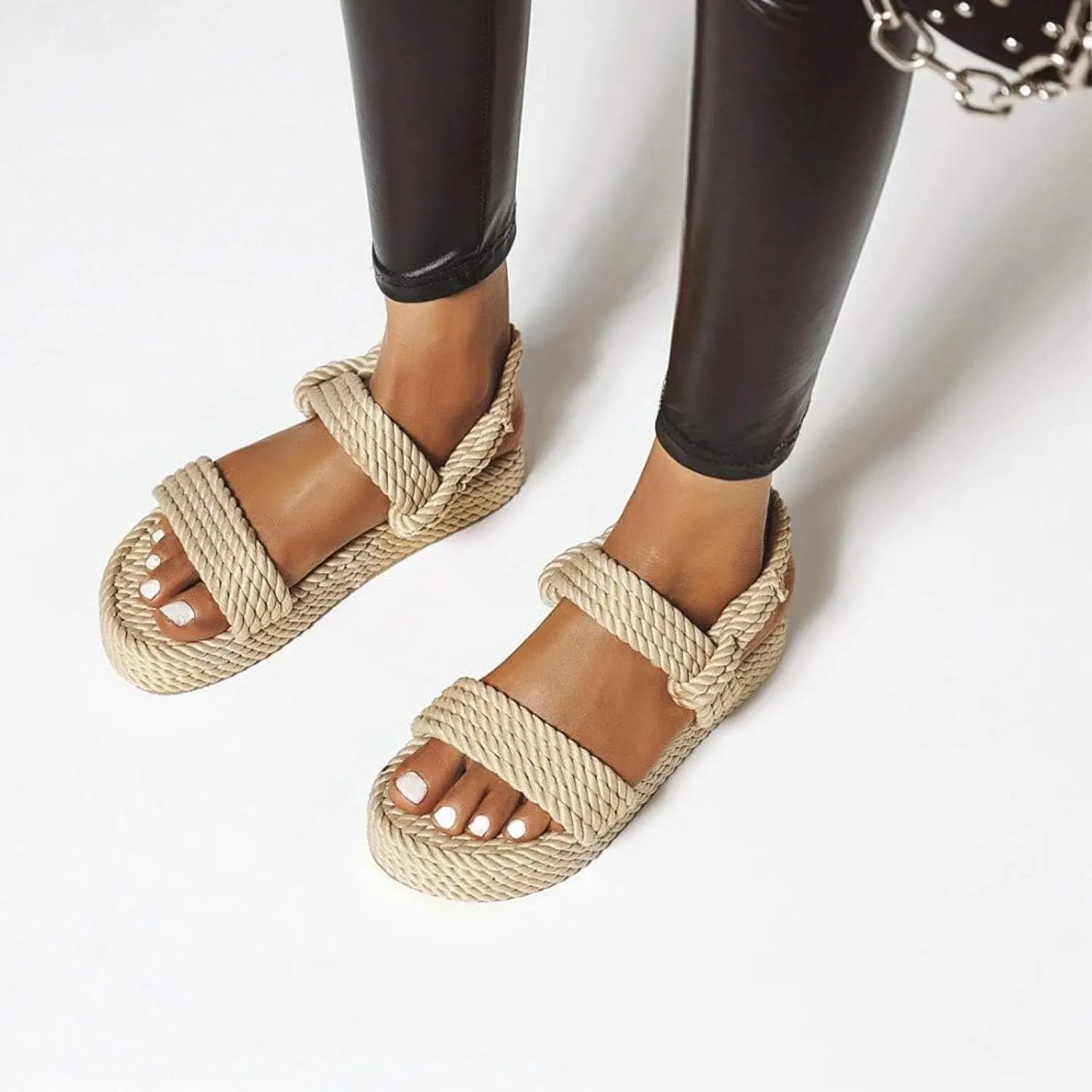 Women's Low Heeled Flat Shoes, Canvas Sandals, Open Toed Ankle Strap, Platform Sandals