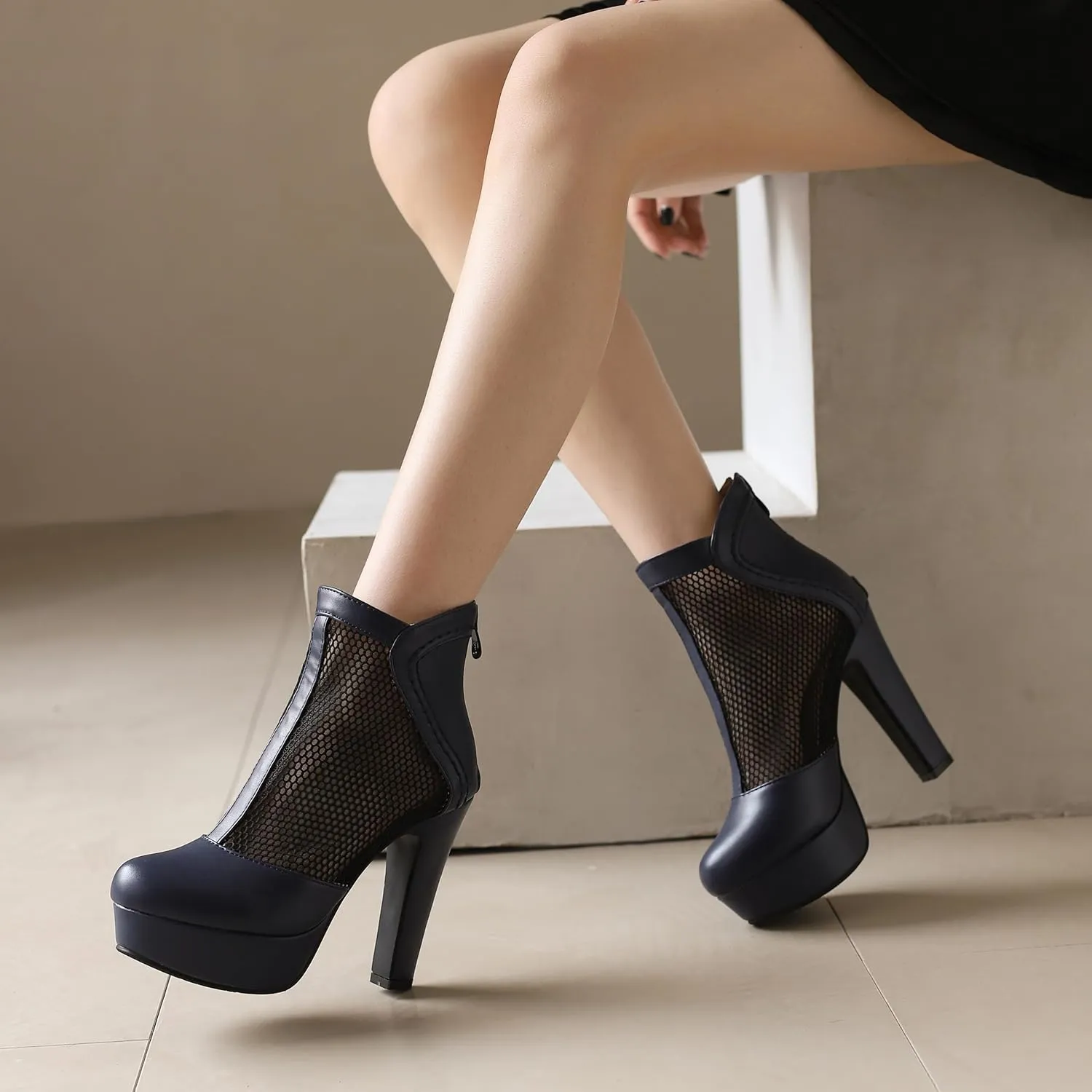 Women's Mesh Ankle Boots Chunky High Heel Platform Boots Round Toe Block Heeled Sandals Zipper Shoes