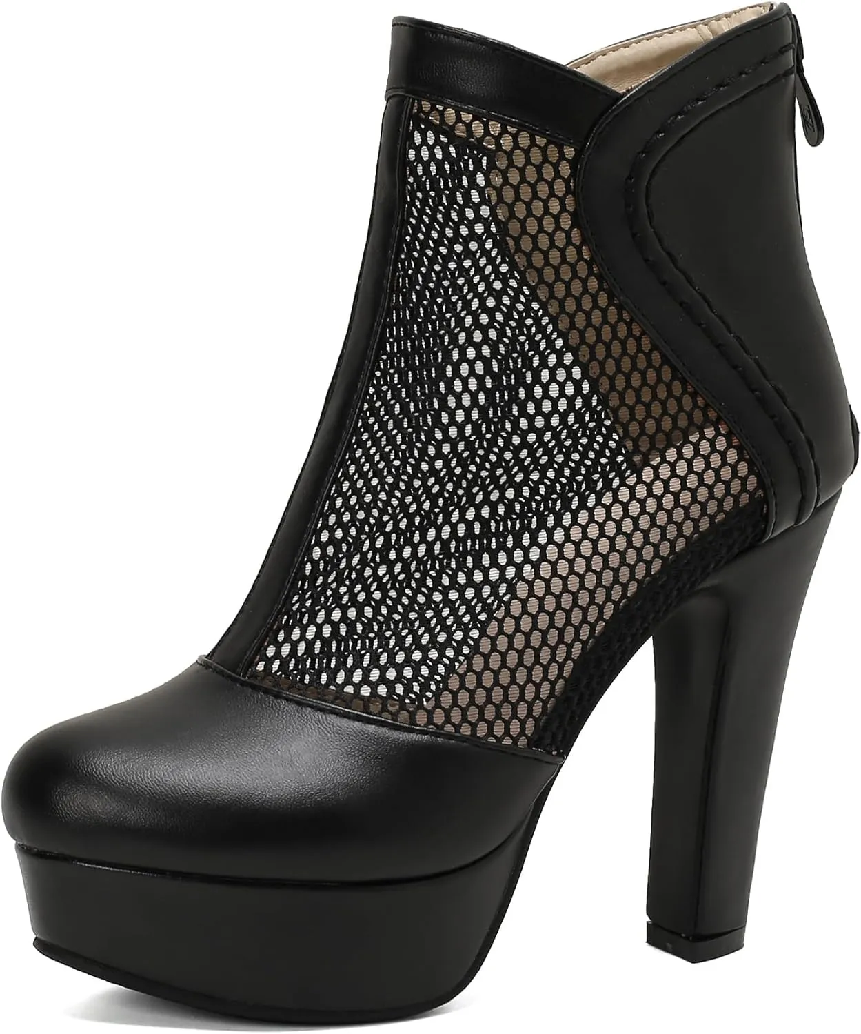 Women's Mesh Ankle Boots Chunky High Heel Platform Boots Round Toe Block Heeled Sandals Zipper Shoes
