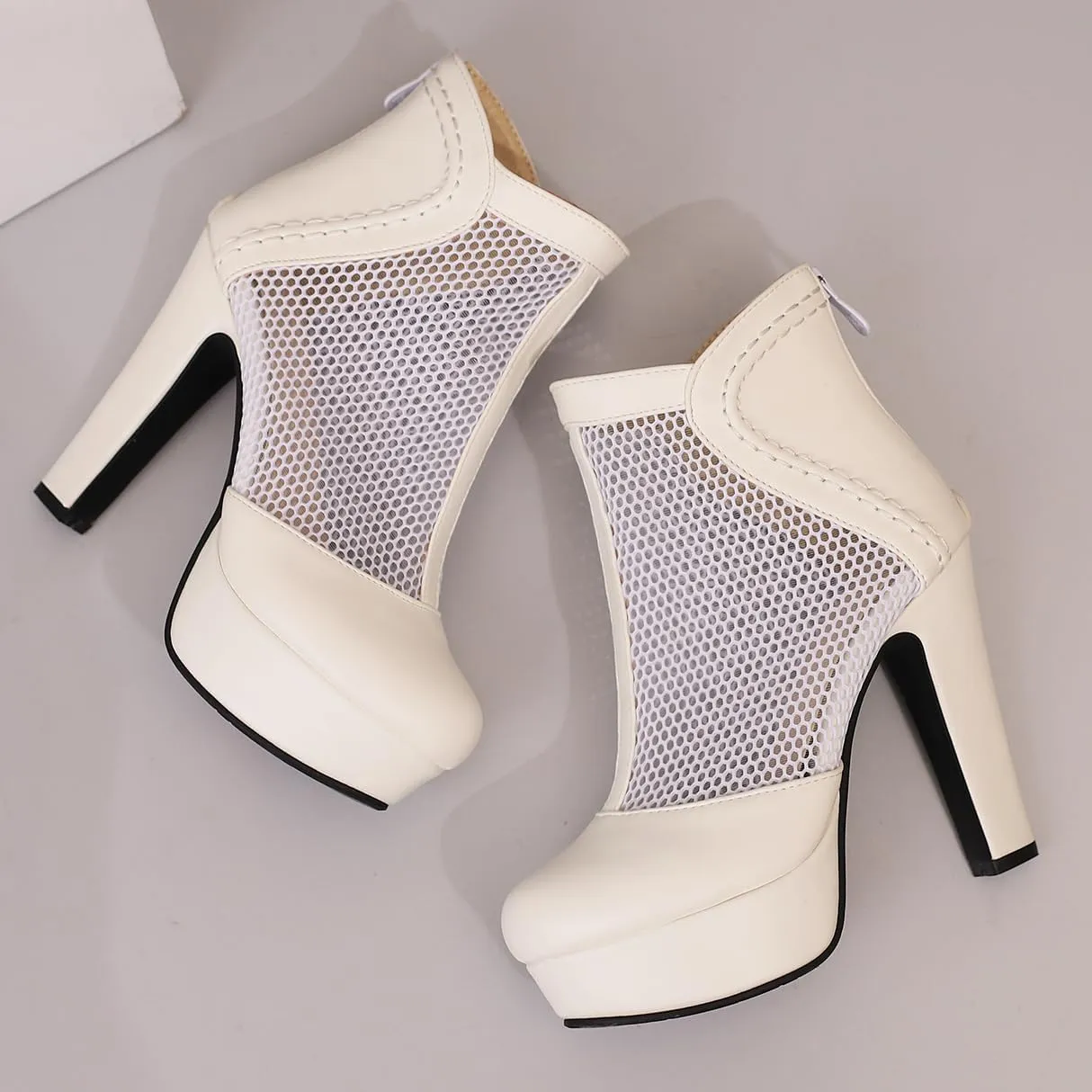Women's Mesh Ankle Boots Chunky High Heel Platform Boots Round Toe Block Heeled Sandals Zipper Shoes