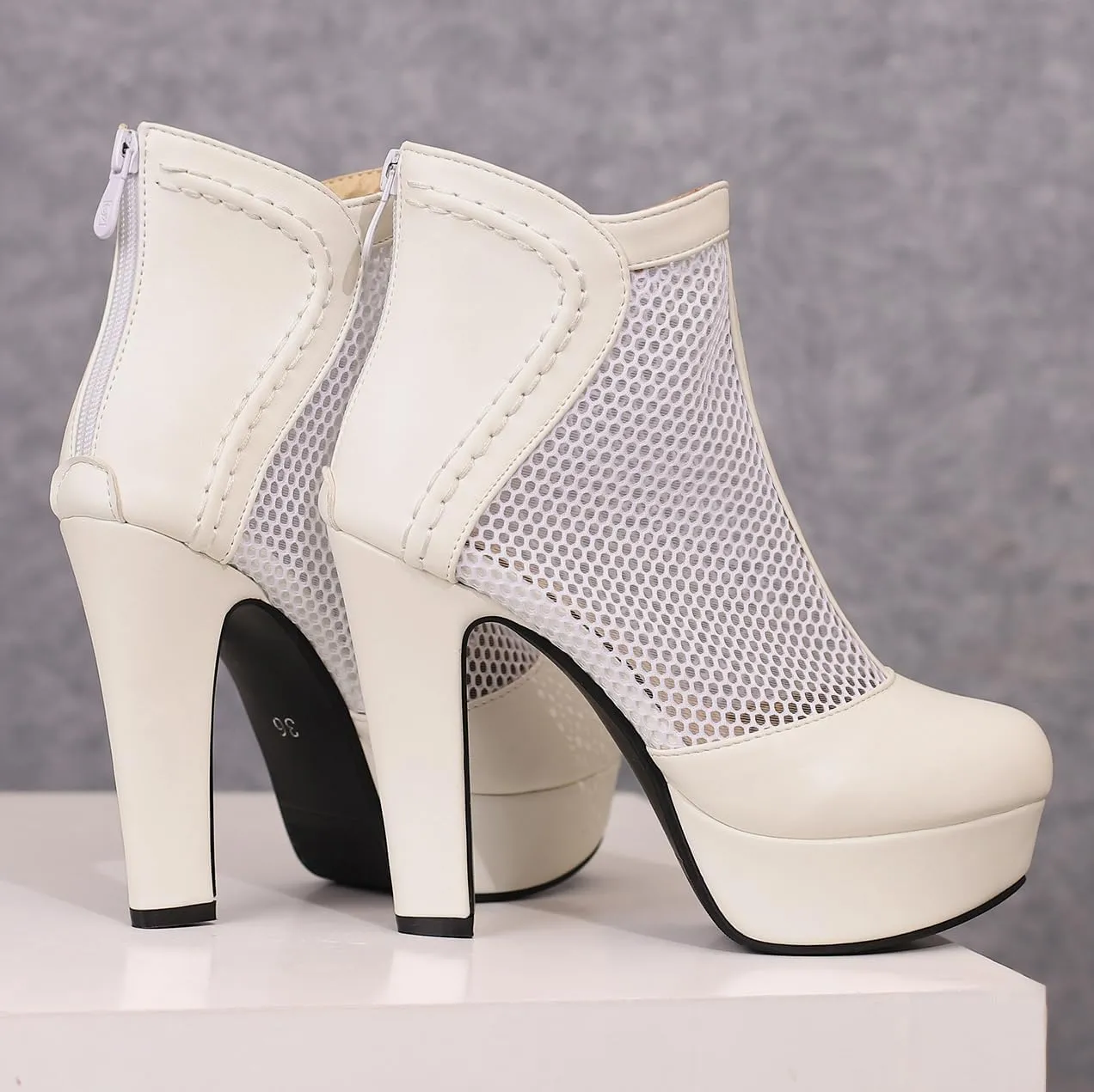 Women's Mesh Ankle Boots Chunky High Heel Platform Boots Round Toe Block Heeled Sandals Zipper Shoes