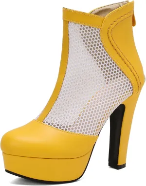 Women's Mesh Ankle Boots Chunky High Heel Platform Boots Round Toe Block Heeled Sandals Zipper Shoes
