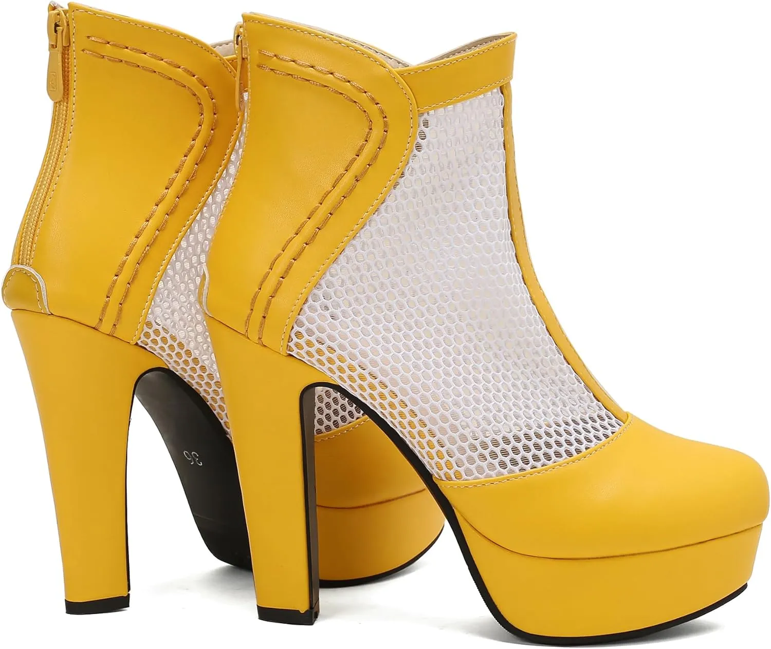 Women's Mesh Ankle Boots Chunky High Heel Platform Boots Round Toe Block Heeled Sandals Zipper Shoes