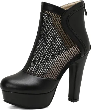 Women's Mesh Ankle Boots Chunky High Heel Platform Boots Round Toe Block Heeled Sandals Zipper Shoes