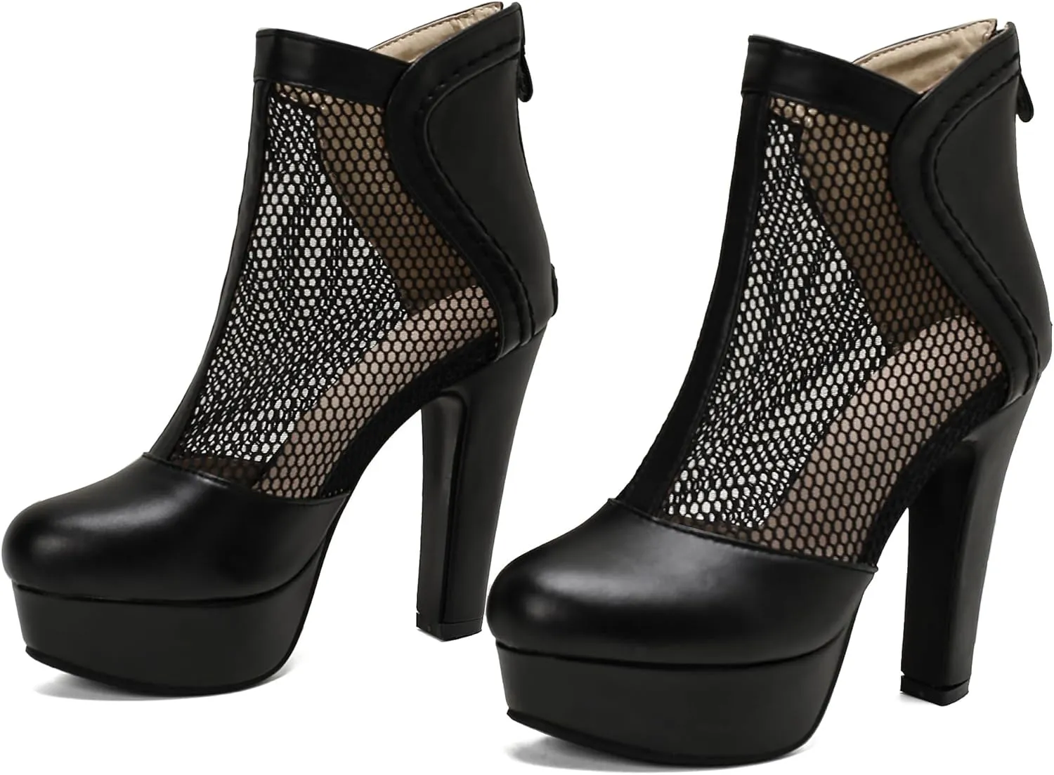 Women's Mesh Ankle Boots Chunky High Heel Platform Boots Round Toe Block Heeled Sandals Zipper Shoes