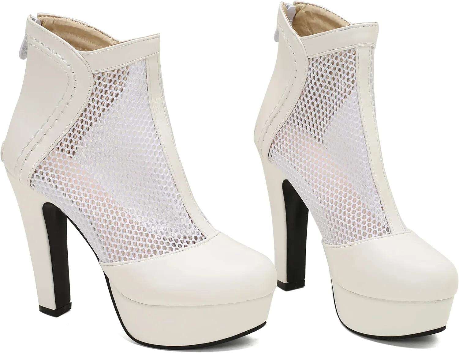 Women's Mesh Ankle Boots Chunky High Heel Platform Boots Round Toe Block Heeled Sandals Zipper Shoes