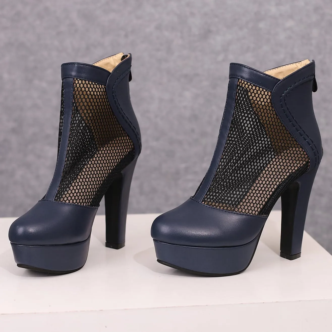 Women's Mesh Ankle Boots Chunky High Heel Platform Boots Round Toe Block Heeled Sandals Zipper Shoes