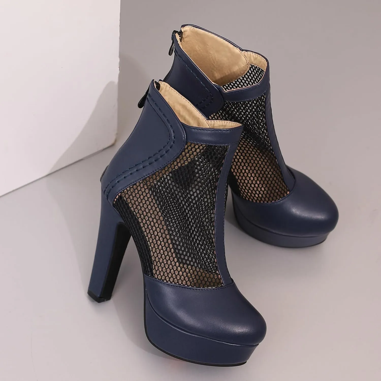 Women's Mesh Ankle Boots Chunky High Heel Platform Boots Round Toe Block Heeled Sandals Zipper Shoes