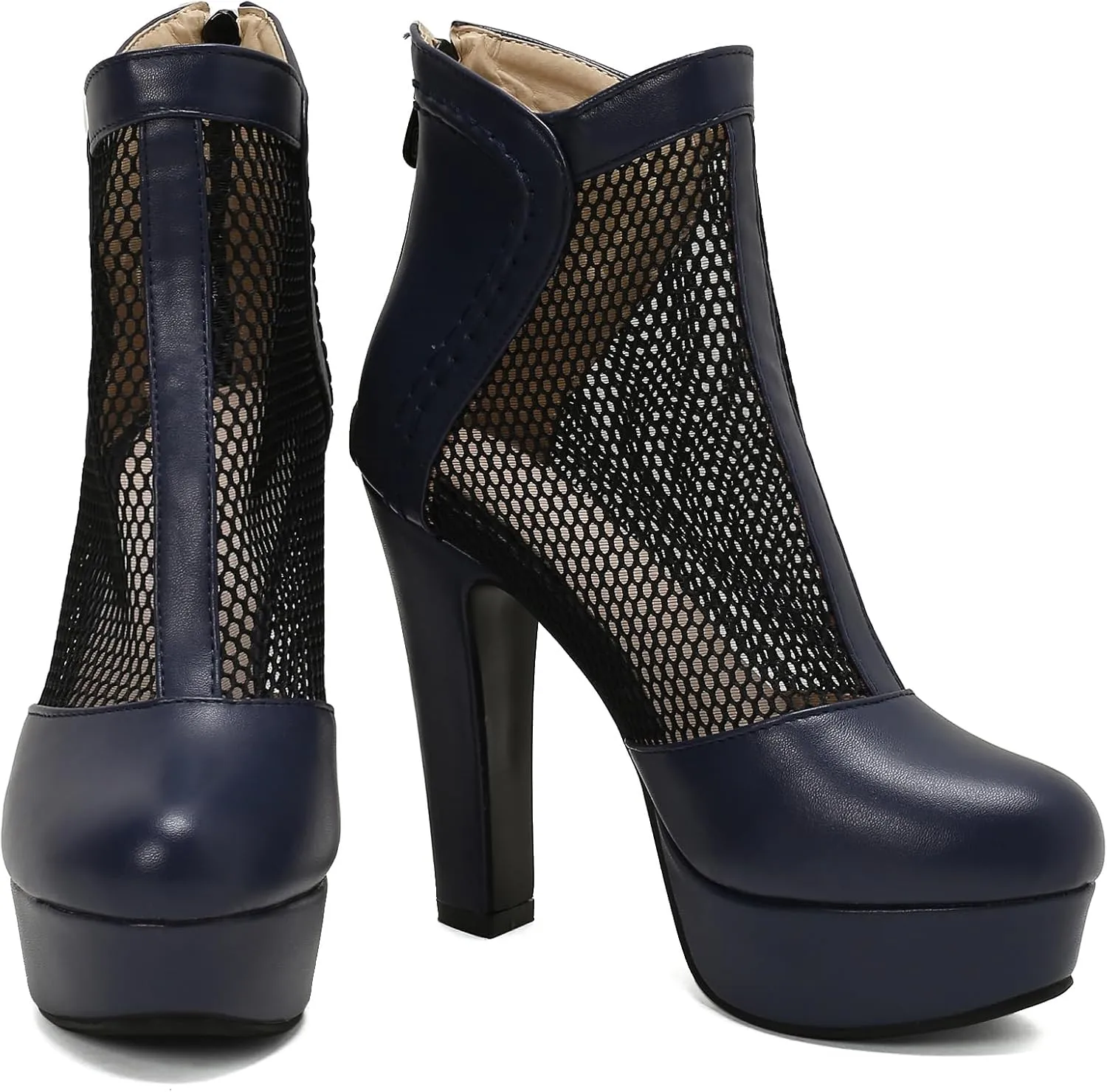 Women's Mesh Ankle Boots Chunky High Heel Platform Boots Round Toe Block Heeled Sandals Zipper Shoes
