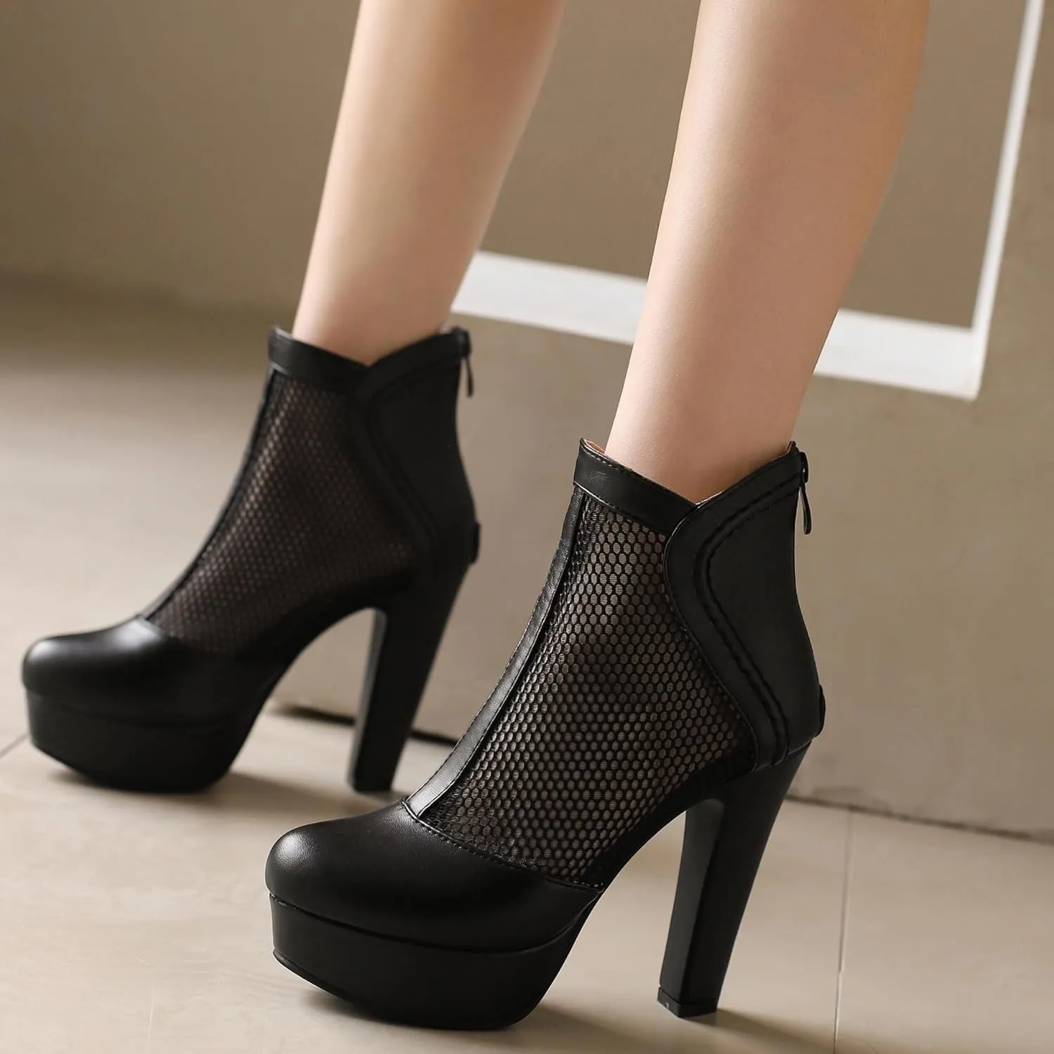 Women's Mesh Ankle Boots Chunky High Heel Platform Boots Round Toe Block Heeled Sandals Zipper Shoes
