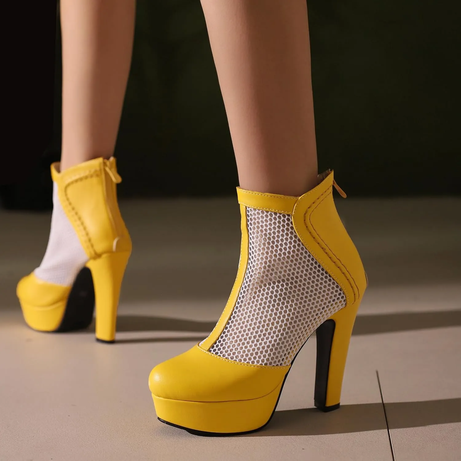 Women's Mesh Ankle Boots Chunky High Heel Platform Boots Round Toe Block Heeled Sandals Zipper Shoes