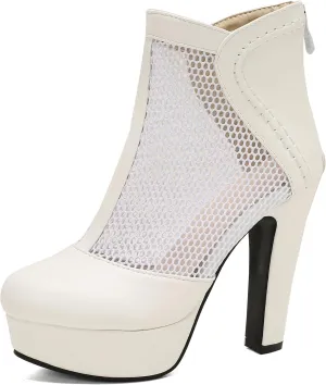 Women's Mesh Ankle Boots Chunky High Heel Platform Boots Round Toe Block Heeled Sandals Zipper Shoes