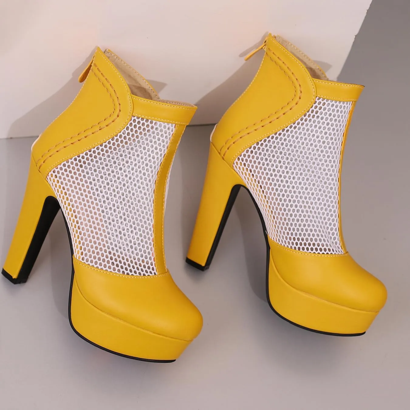 Women's Mesh Ankle Boots Chunky High Heel Platform Boots Round Toe Block Heeled Sandals Zipper Shoes