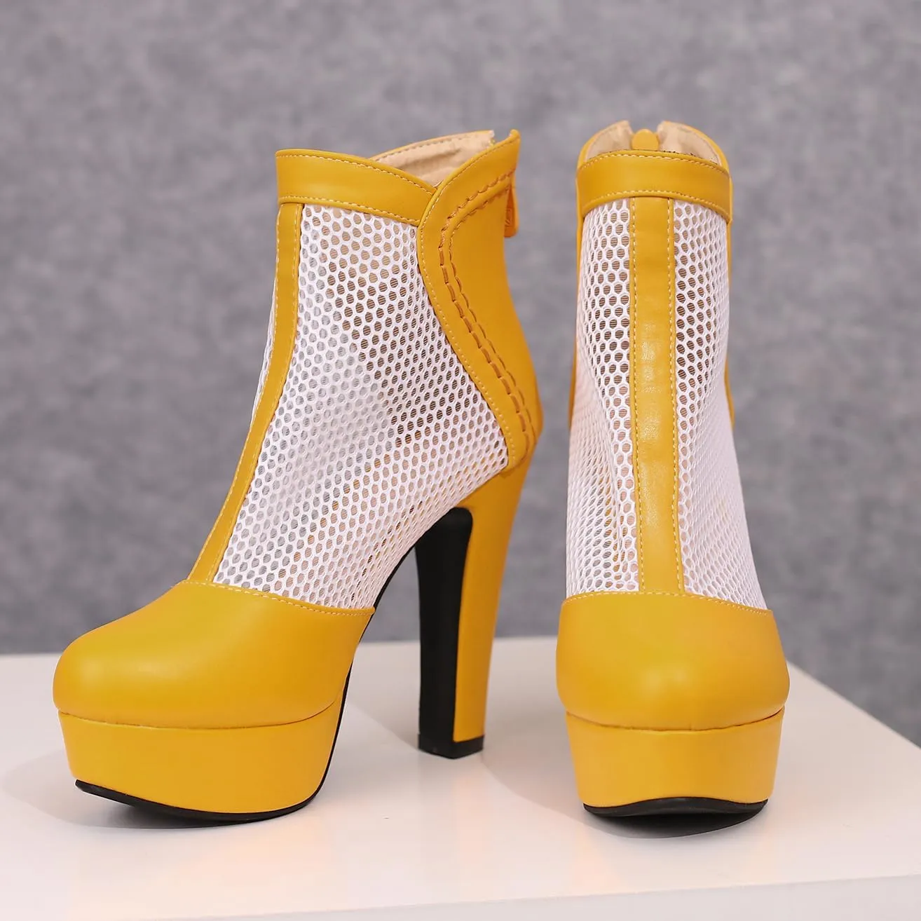 Women's Mesh Ankle Boots Chunky High Heel Platform Boots Round Toe Block Heeled Sandals Zipper Shoes