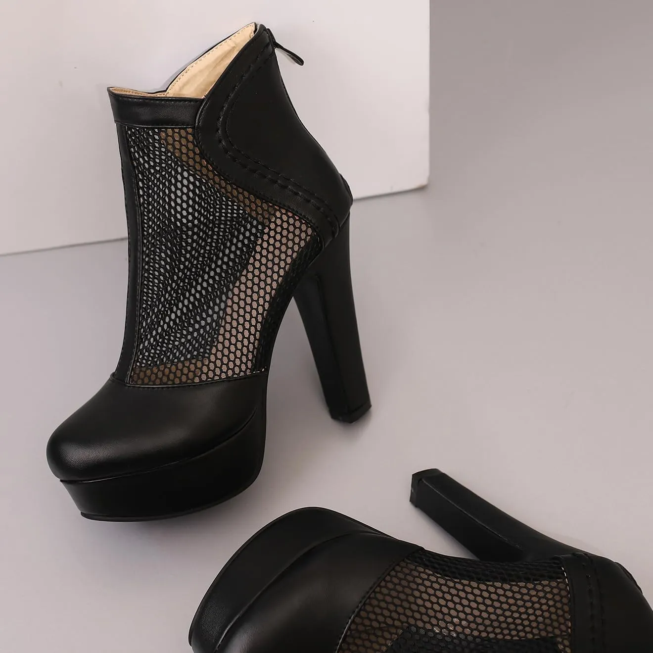 Women's Mesh Ankle Boots Chunky High Heel Platform Boots Round Toe Block Heeled Sandals Zipper Shoes