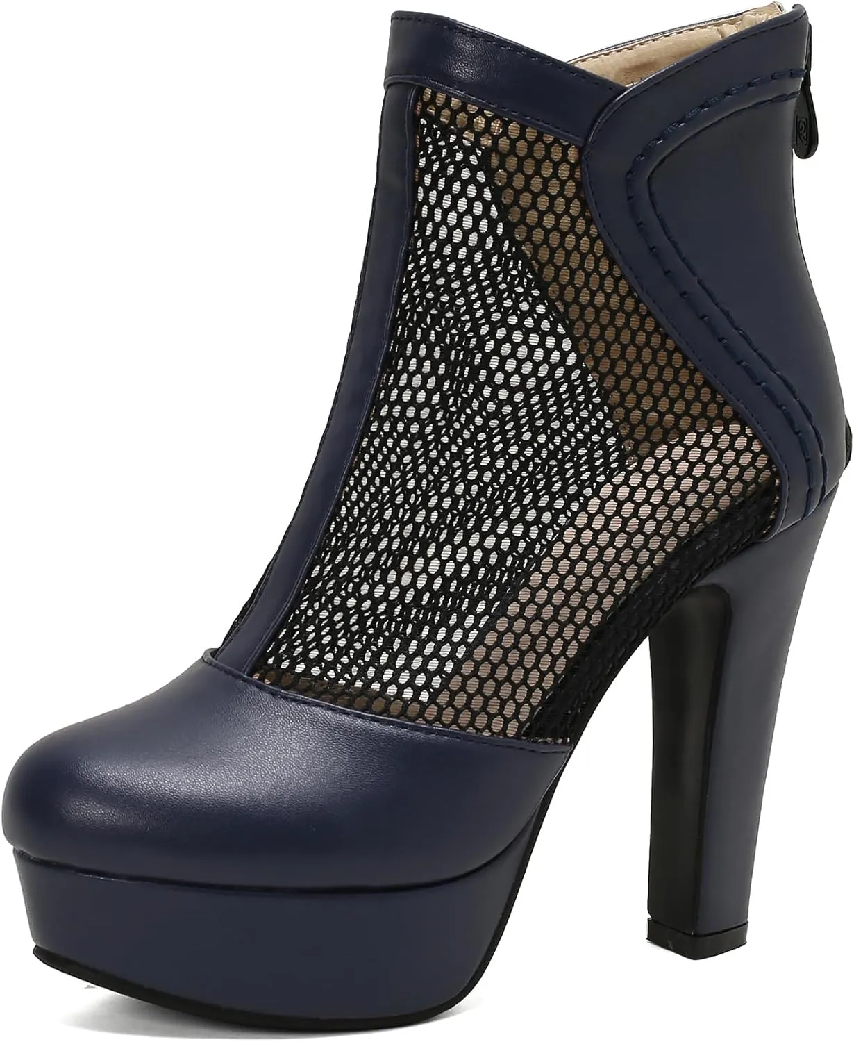 Women's Mesh Ankle Boots Chunky High Heel Platform Boots Round Toe Block Heeled Sandals Zipper Shoes