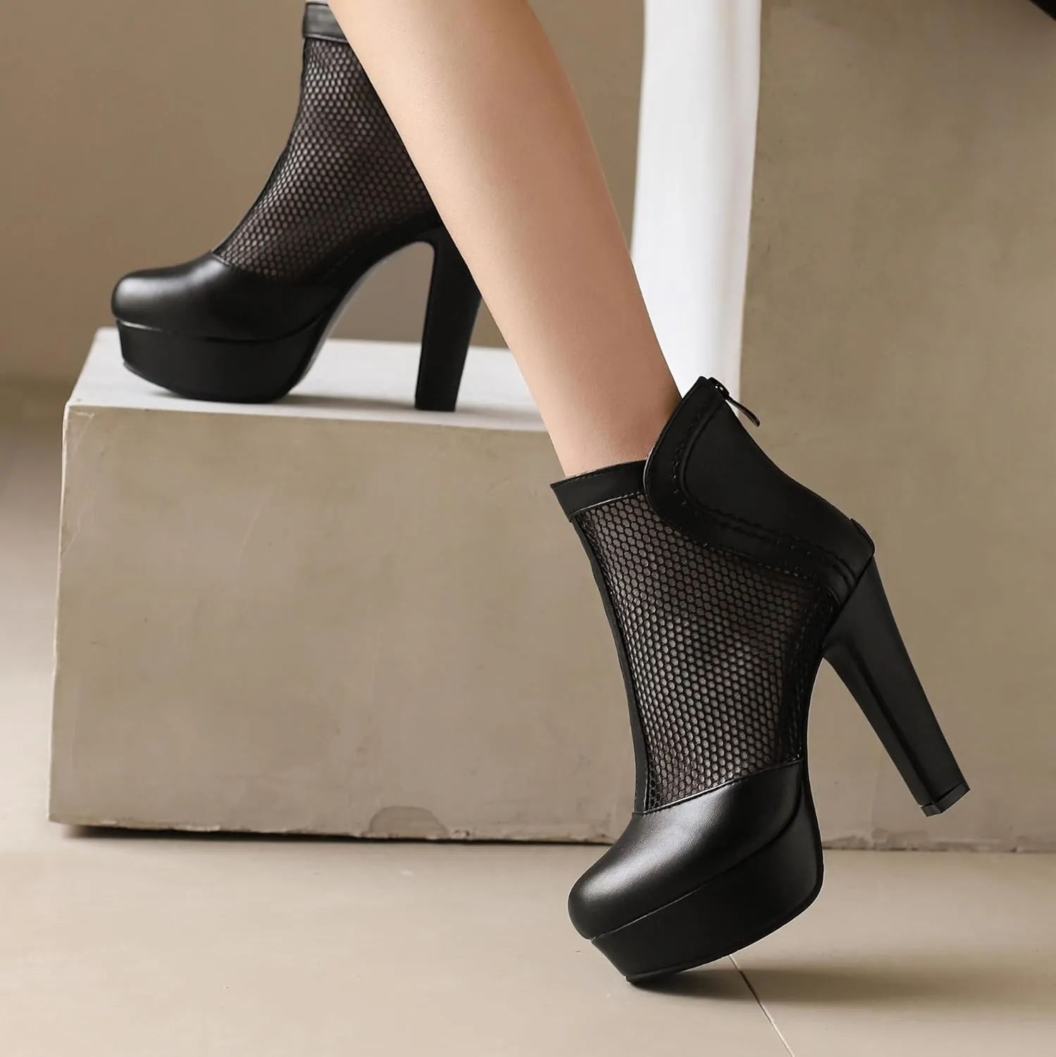 Women's Mesh Ankle Boots Chunky High Heel Platform Boots Round Toe Block Heeled Sandals Zipper Shoes