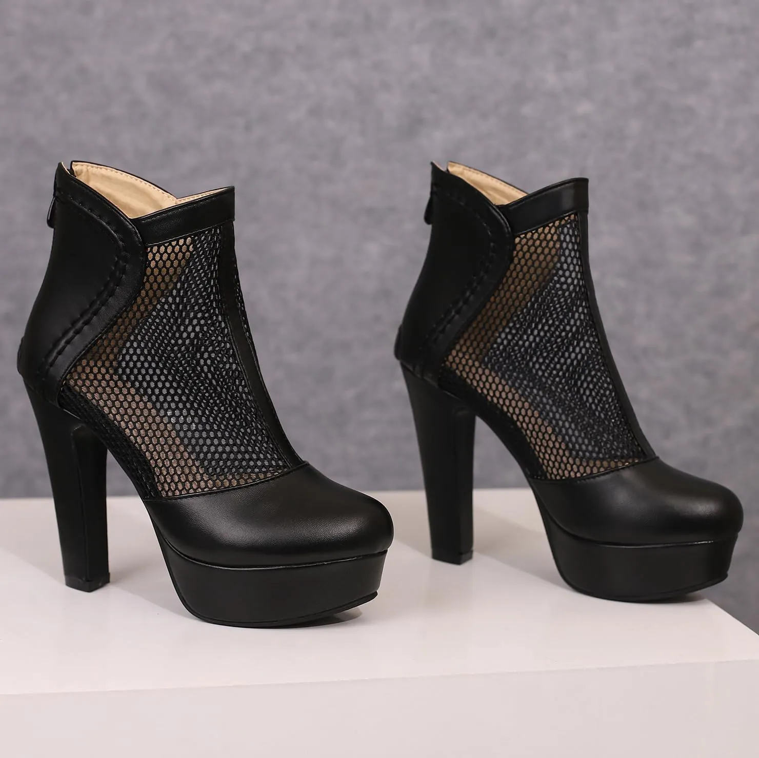 Women's Mesh Ankle Boots Chunky High Heel Platform Boots Round Toe Block Heeled Sandals Zipper Shoes