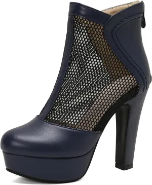 Women's Mesh Ankle Boots Chunky High Heel Platform Boots Round Toe Block Heeled Sandals Zipper Shoes