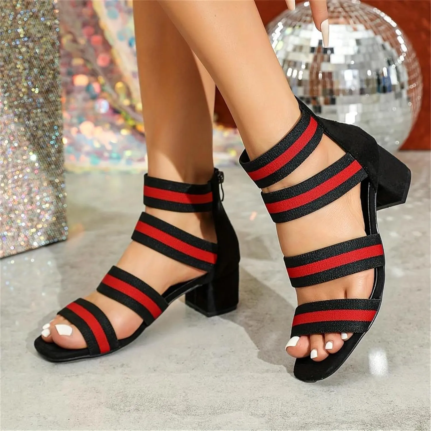 Women's Open Toe Chunky Heeled Sandals Low Block Dress Party High Heels Elastic Ankle Strap Summer Fashion Roman Shoes