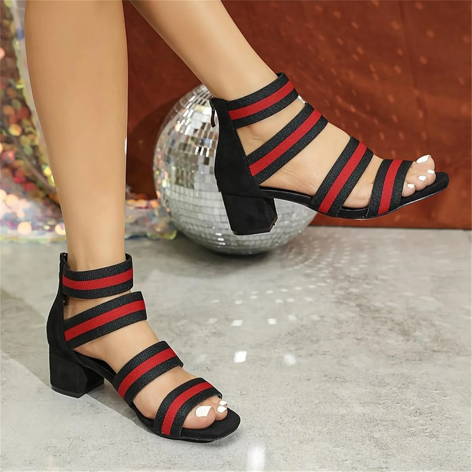 Women's Open Toe Chunky Heeled Sandals Low Block Dress Party High Heels Elastic Ankle Strap Summer Fashion Roman Shoes