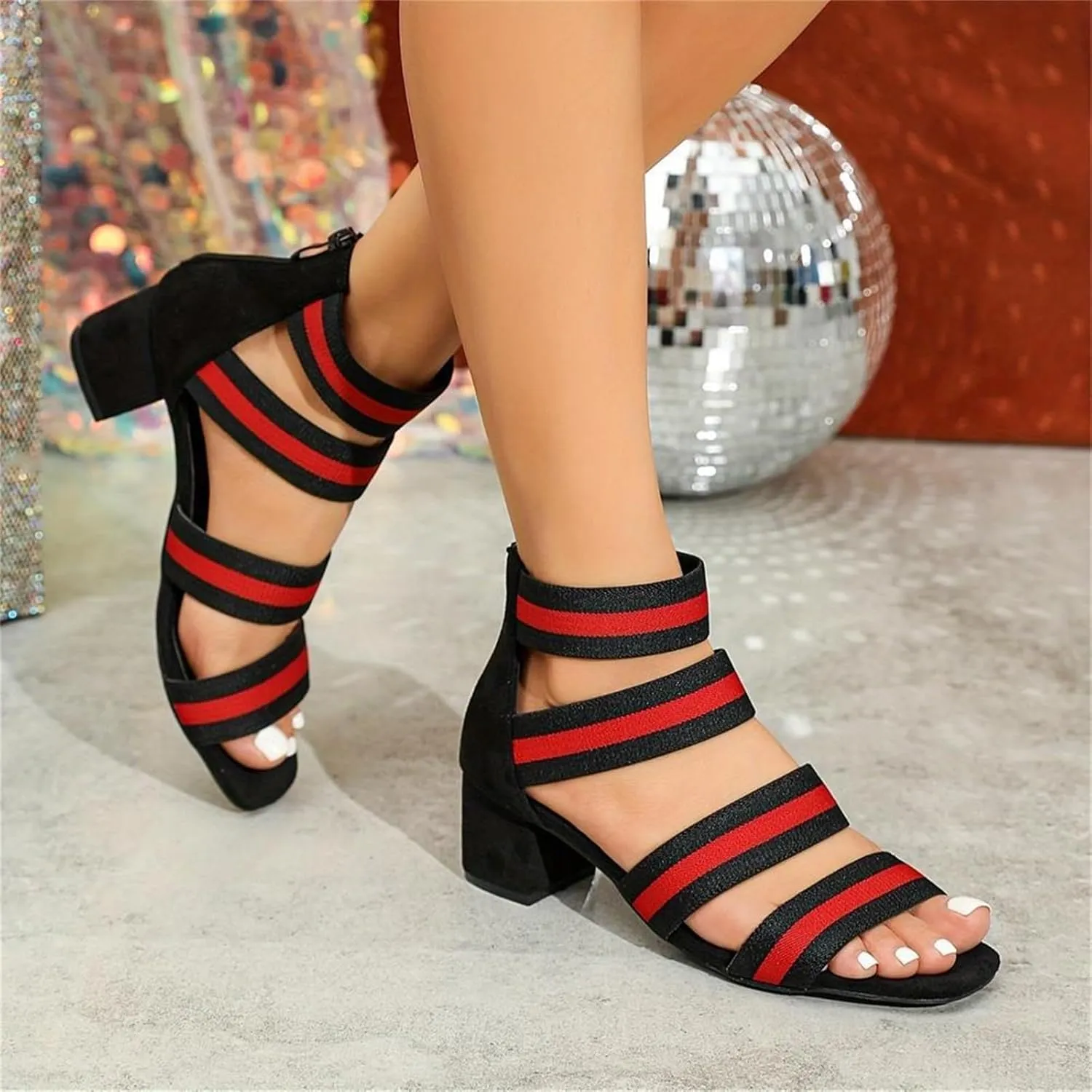 Women's Open Toe Chunky Heeled Sandals Low Block Dress Party High Heels Elastic Ankle Strap Summer Fashion Roman Shoes