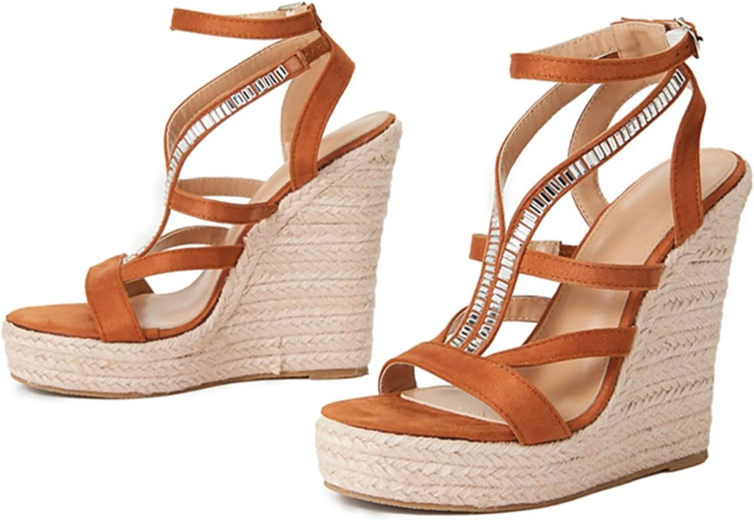 Womens Open Toe Espadrilles Dressy Platform Sandals Buckle Ankle Strap Stylish Wedges Sandals Rhinestone Casual Summer Shoes