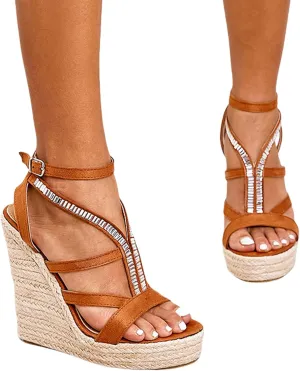 Womens Open Toe Espadrilles Dressy Platform Sandals Buckle Ankle Strap Stylish Wedges Sandals Rhinestone Casual Summer Shoes