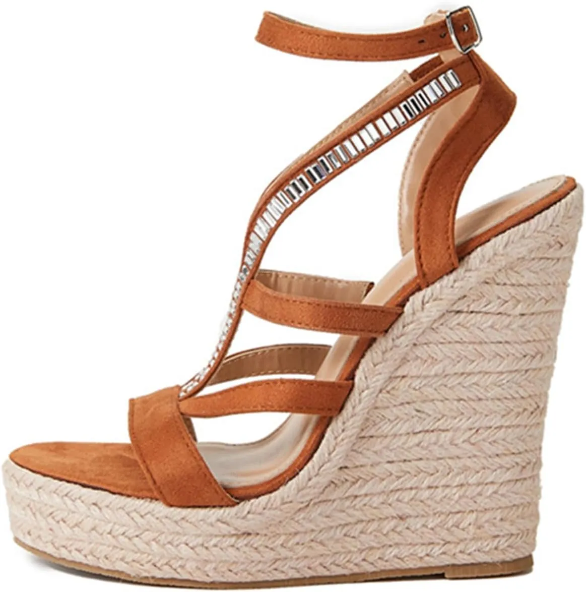 Womens Open Toe Espadrilles Dressy Platform Sandals Buckle Ankle Strap Stylish Wedges Sandals Rhinestone Casual Summer Shoes