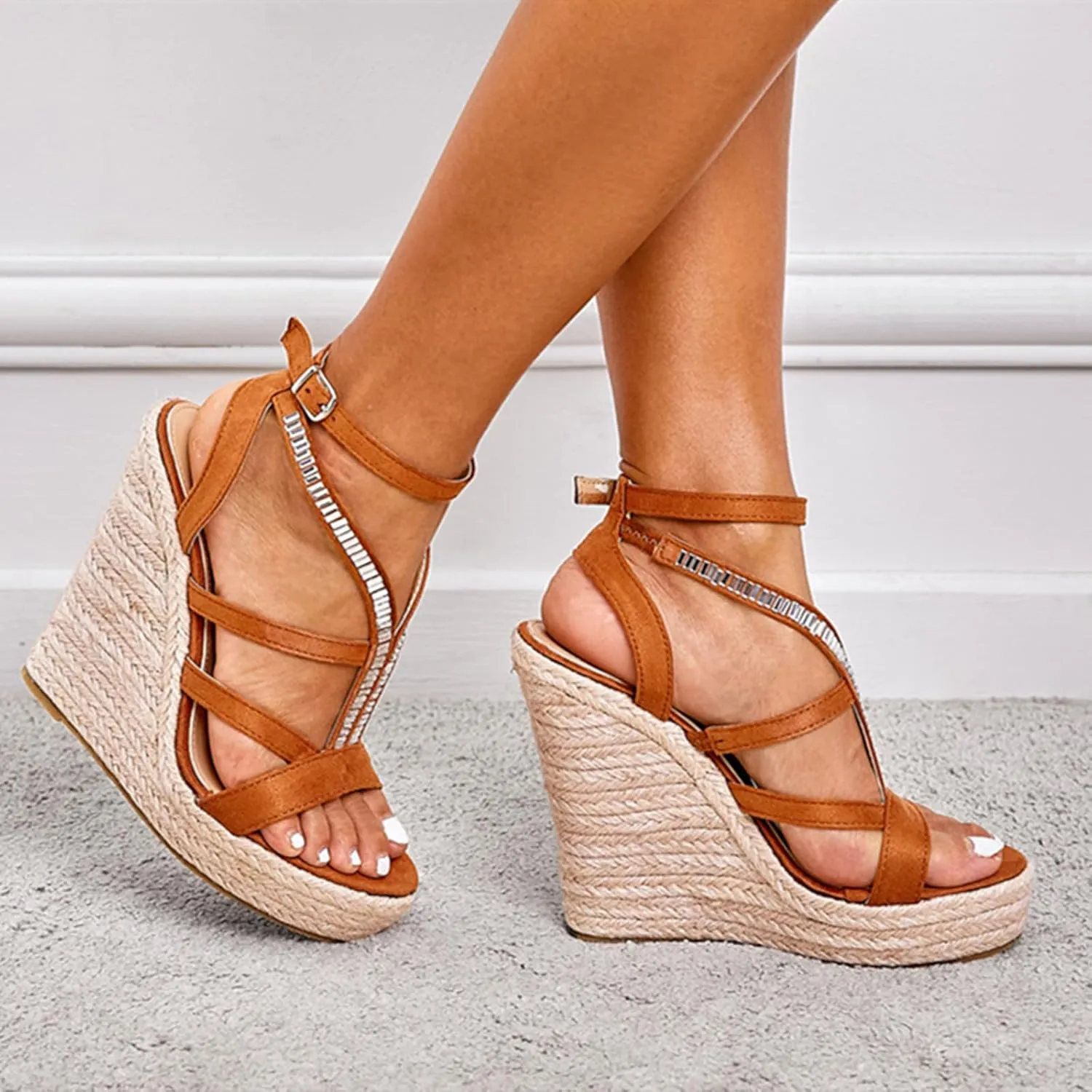 Womens Open Toe Espadrilles Dressy Platform Sandals Buckle Ankle Strap Stylish Wedges Sandals Rhinestone Casual Summer Shoes