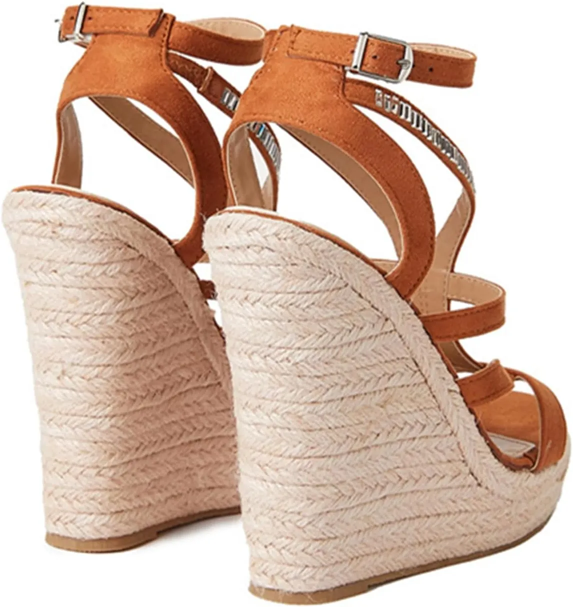 Womens Open Toe Espadrilles Dressy Platform Sandals Buckle Ankle Strap Stylish Wedges Sandals Rhinestone Casual Summer Shoes