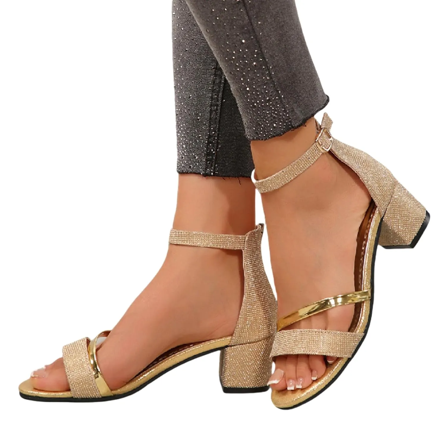 Women's Open Toe Rhinestones Heeled Sandals Ankle Strap Buckle Low Block Chunky Sparkly Heels Party Prom Dress Pumps Shoes