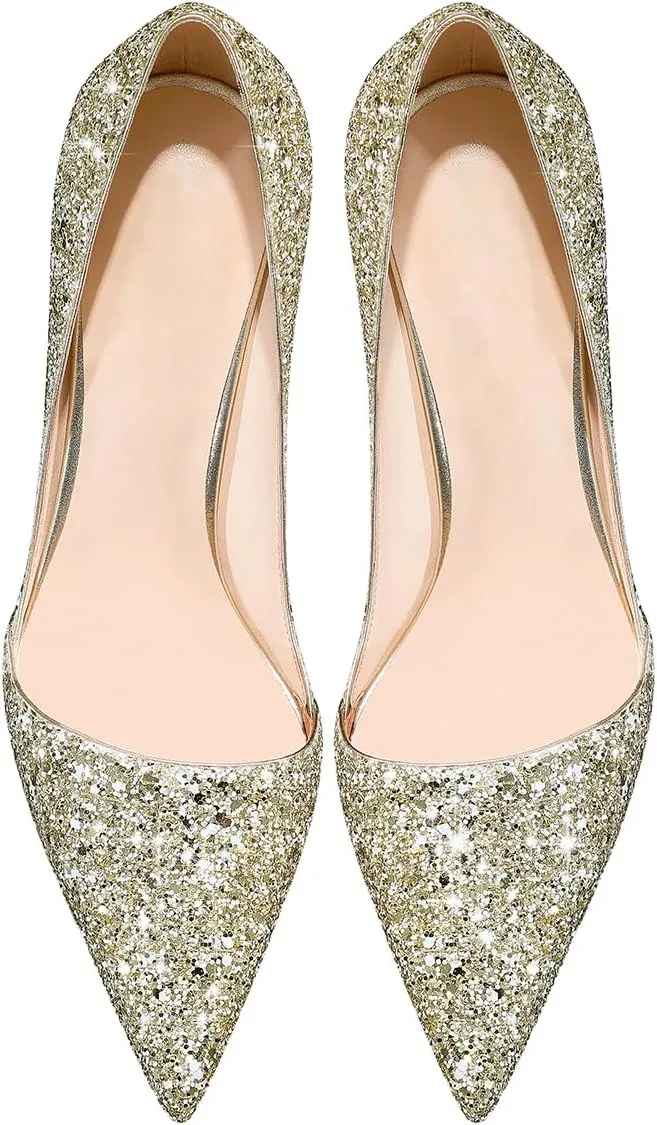 Women's Pointed Toe High Heels Sparkly Stiletto Pumps Slip On Heels Dressy Wedding Evening Party Pumps Shoes