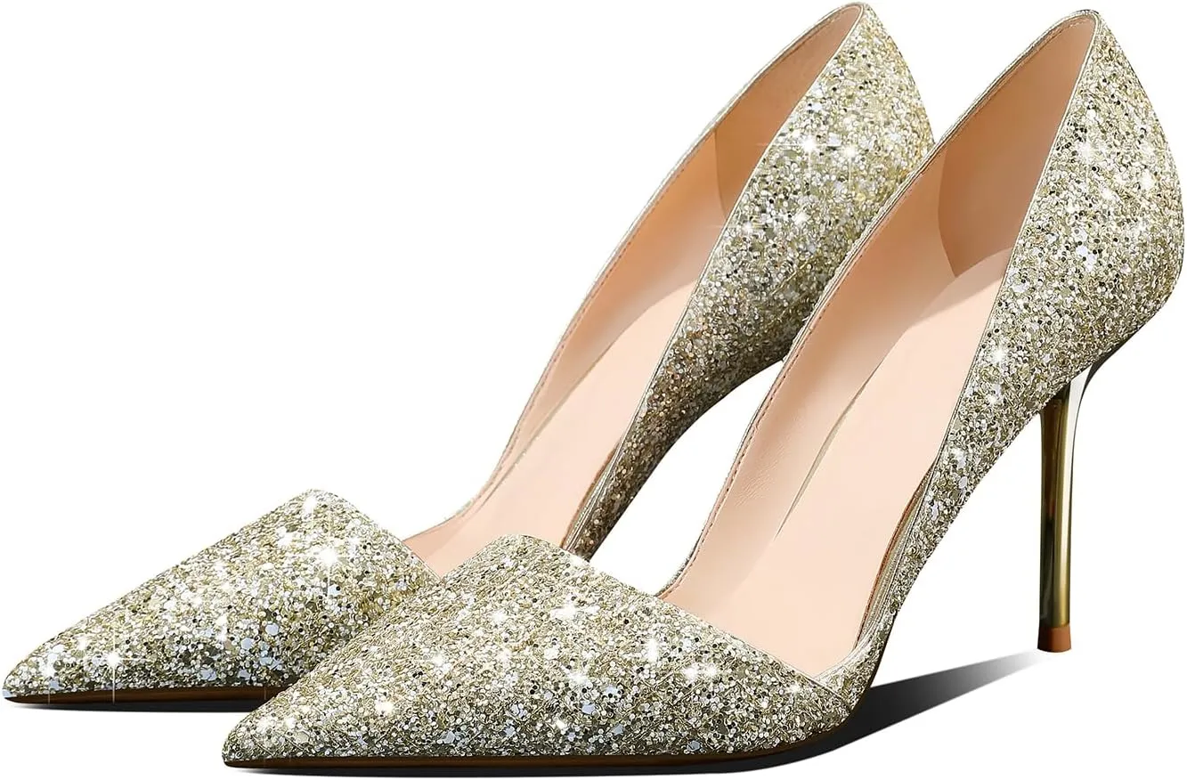 Women's Pointed Toe High Heels Sparkly Stiletto Pumps Slip On Heels Dressy Wedding Evening Party Pumps Shoes