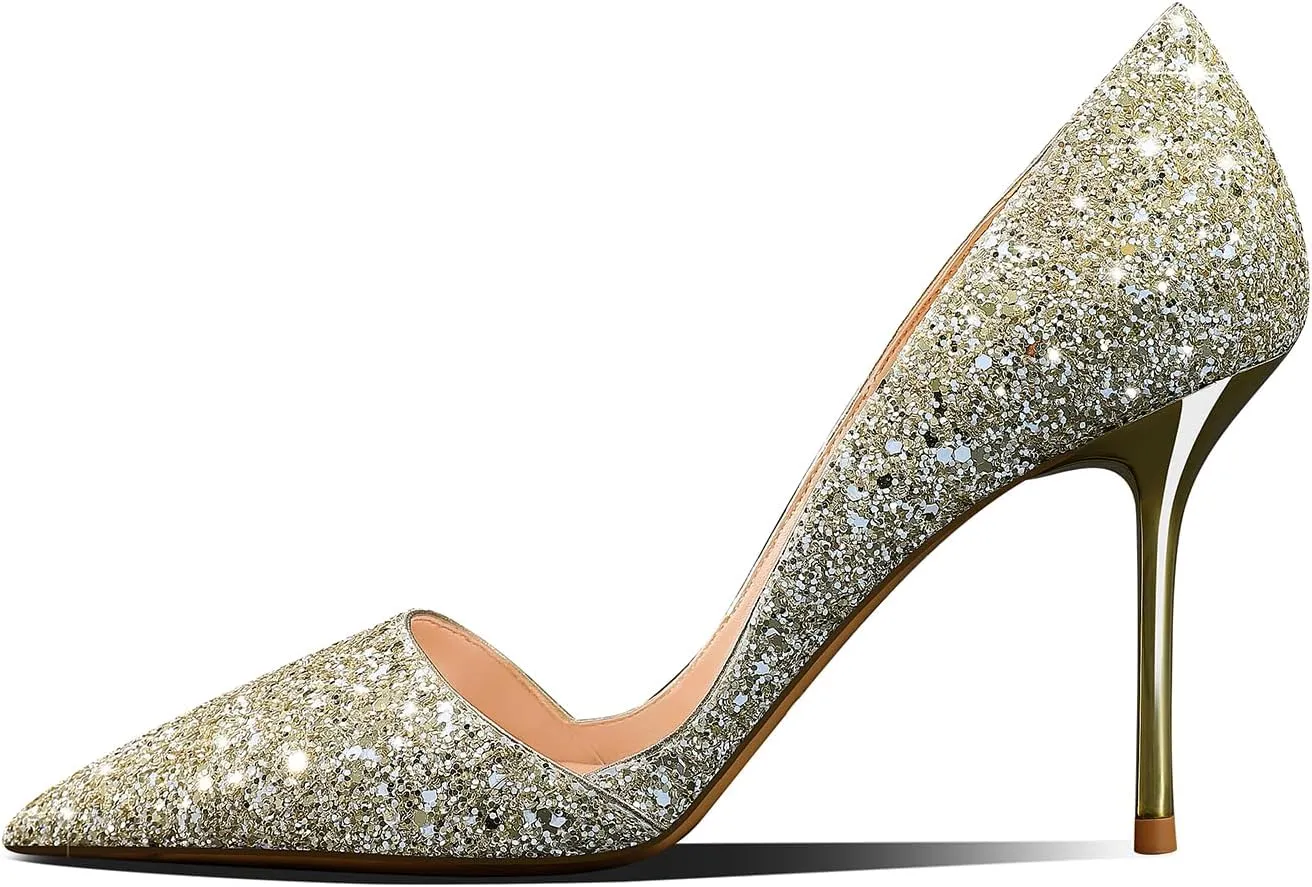 Women's Pointed Toe High Heels Sparkly Stiletto Pumps Slip On Heels Dressy Wedding Evening Party Pumps Shoes