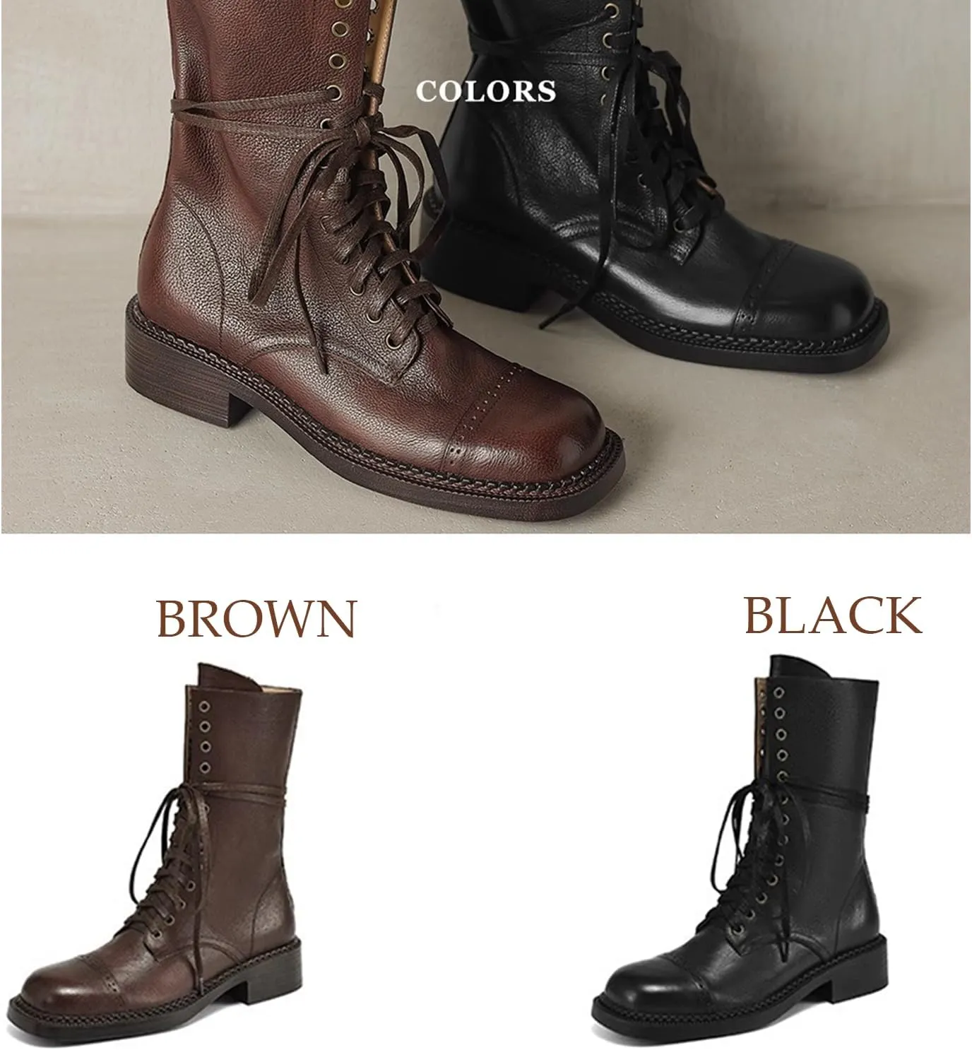 Women'S Pu Leather Chunky Heel Vintage Mid-Calf Boots With Side Zipper Stylish Square Toe Low Heel Non-Slip Lace-Up Casual Combat Boots Casual Work Ankle Boots