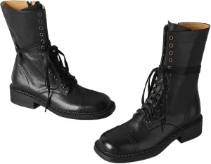 Women'S Pu Leather Chunky Heel Vintage Mid-Calf Boots With Side Zipper Stylish Square Toe Low Heel Non-Slip Lace-Up Casual Combat Boots Casual Work Ankle Boots
