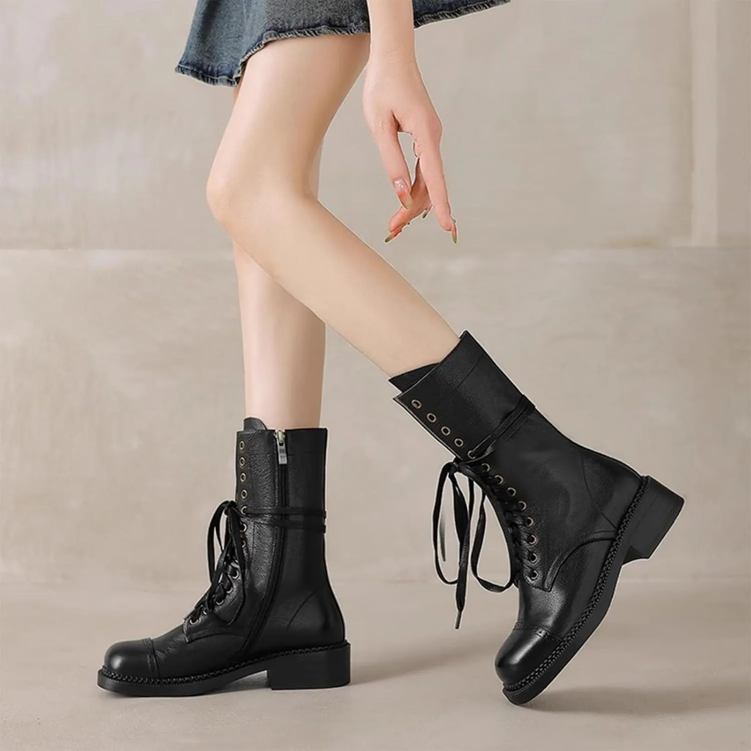 Women'S Pu Leather Chunky Heel Vintage Mid-Calf Boots With Side Zipper Stylish Square Toe Low Heel Non-Slip Lace-Up Casual Combat Boots Casual Work Ankle Boots