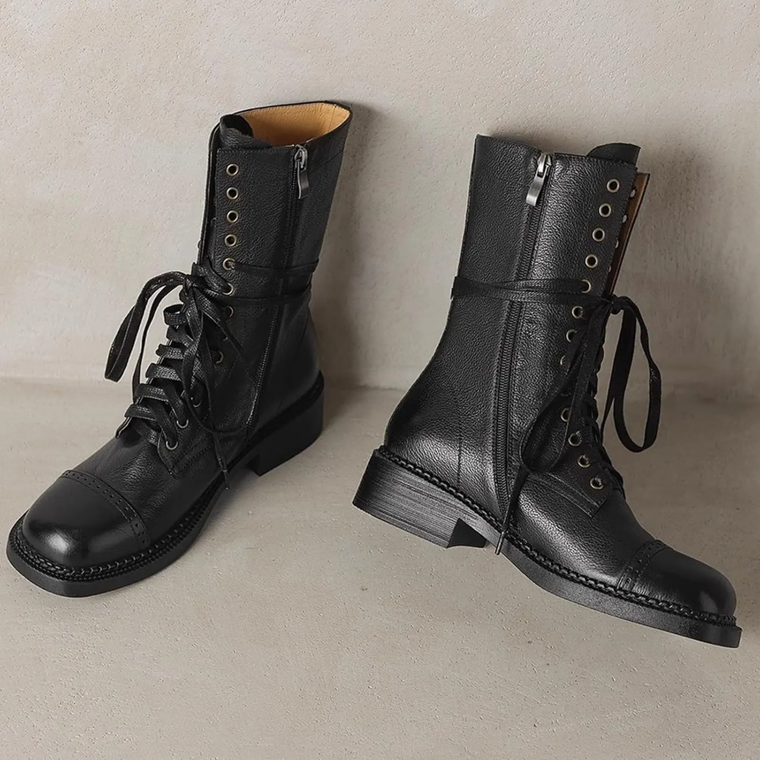 Women'S Pu Leather Chunky Heel Vintage Mid-Calf Boots With Side Zipper Stylish Square Toe Low Heel Non-Slip Lace-Up Casual Combat Boots Casual Work Ankle Boots