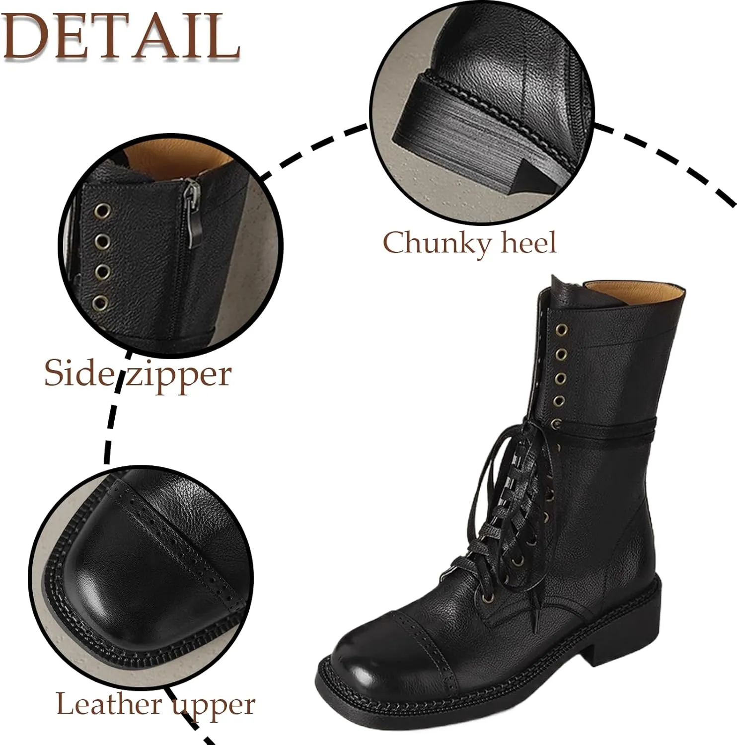 Women'S Pu Leather Chunky Heel Vintage Mid-Calf Boots With Side Zipper Stylish Square Toe Low Heel Non-Slip Lace-Up Casual Combat Boots Casual Work Ankle Boots