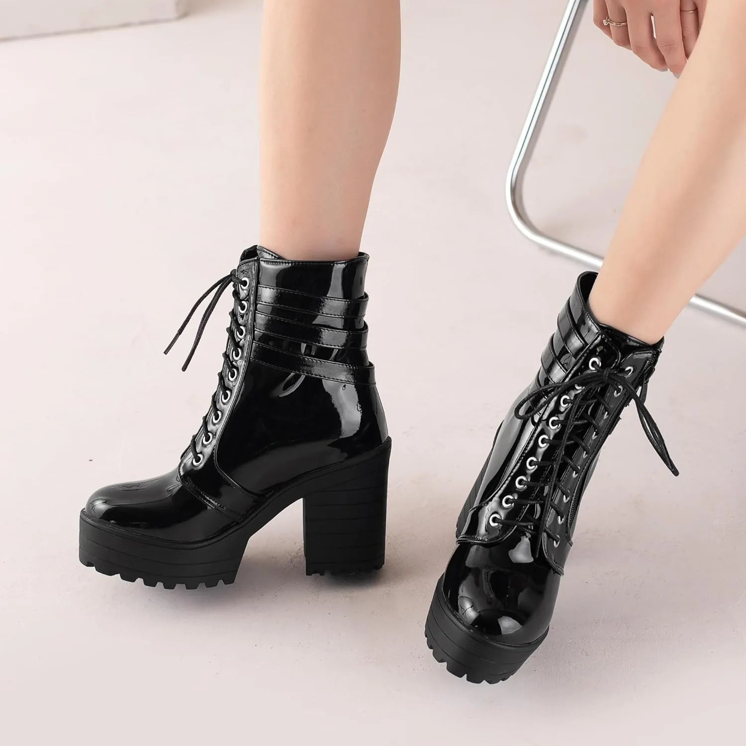Women's Sexy Chunky Platform Booties Shoes, Goth Dress Ankle Boots, Gothic Fashion Heeled Combat Boots