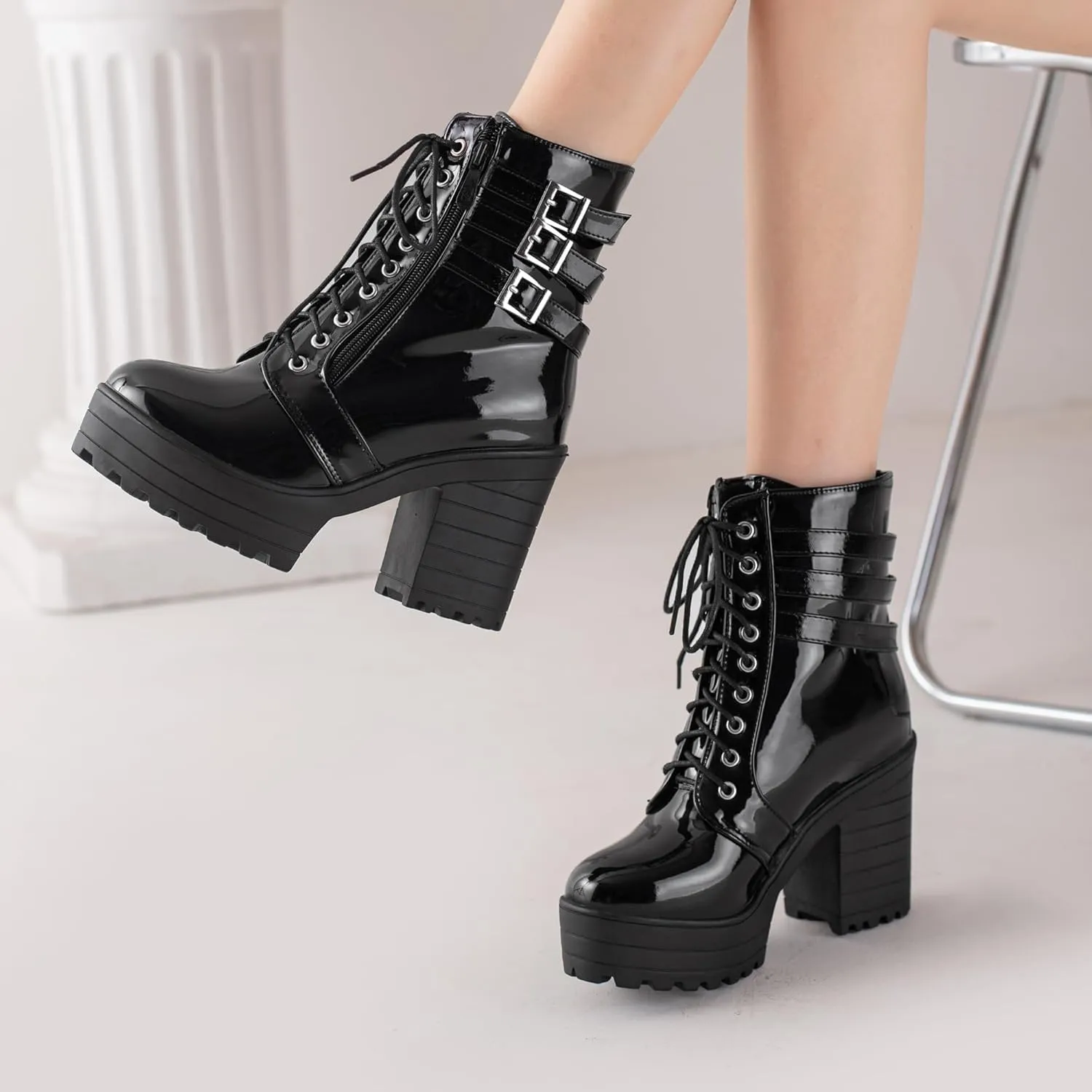 Women's Sexy Chunky Platform Booties Shoes, Goth Dress Ankle Boots, Gothic Fashion Heeled Combat Boots
