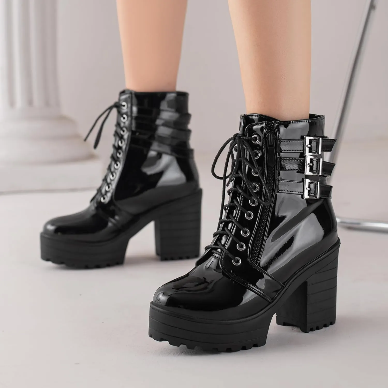 Women's Sexy Chunky Platform Booties Shoes, Goth Dress Ankle Boots, Gothic Fashion Heeled Combat Boots